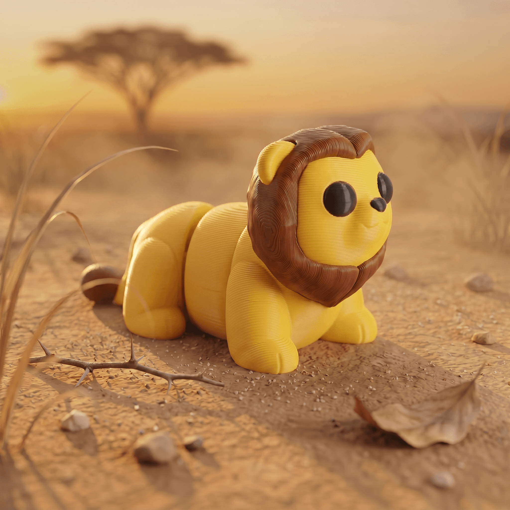 A TinyTroop 3D-printed lion on the savanna